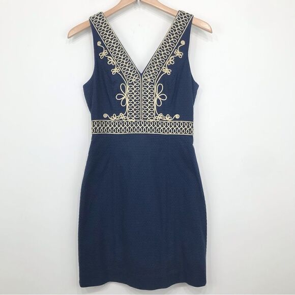 Lilly Pulitzer Aveline Navy Blue Metallic Gold Trim Sleeveless Shift Dress - Picture 2 of 14